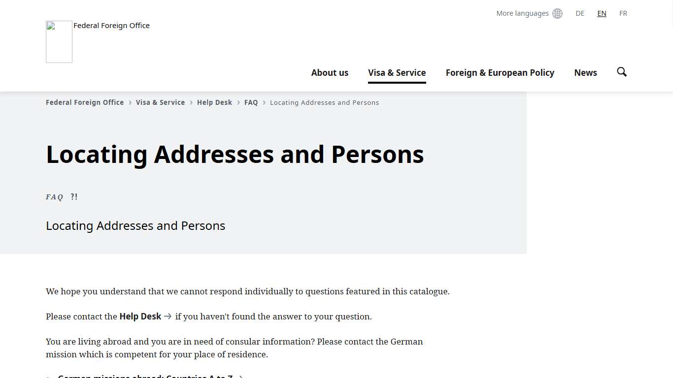 Locating Addresses and Persons - Federal Foreign Office