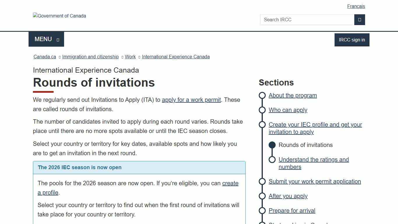 International Experience Canada: Rounds of invitations